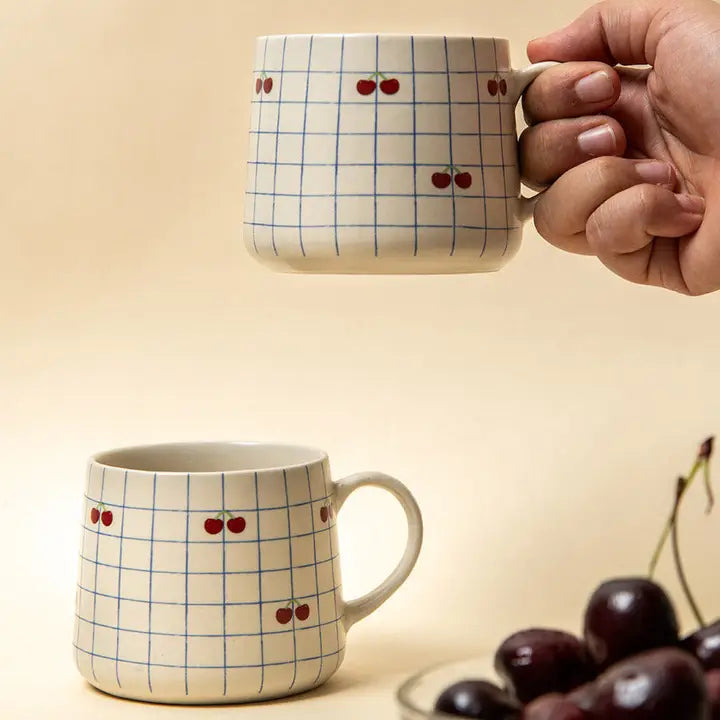Cherry Checkered Ceramic Mug | Handpainted Ceramic | 300 Ml