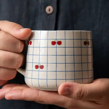 Cherry Checkered Ceramic Mug | Handpainted Ceramic | 300 Ml